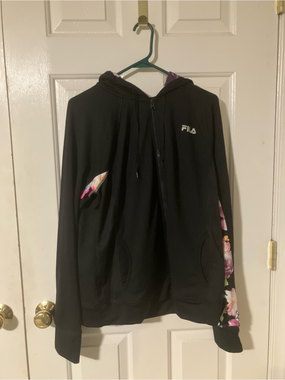 Fila Black Zip-Up Hoodie with Pink Floral Accents